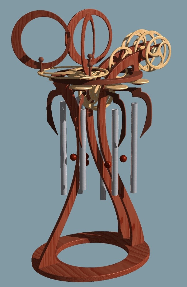 Computer generated design drawing of a kinetic sculpture with wind chimes by David C. Roy of Wood That Works